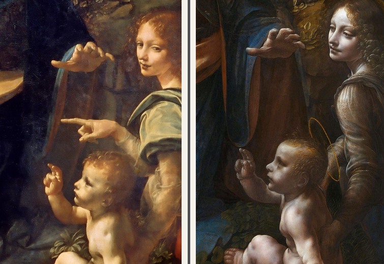 Comparison of Christ Child blessing details in the Louvre and London Virgin of the Rocks paintings